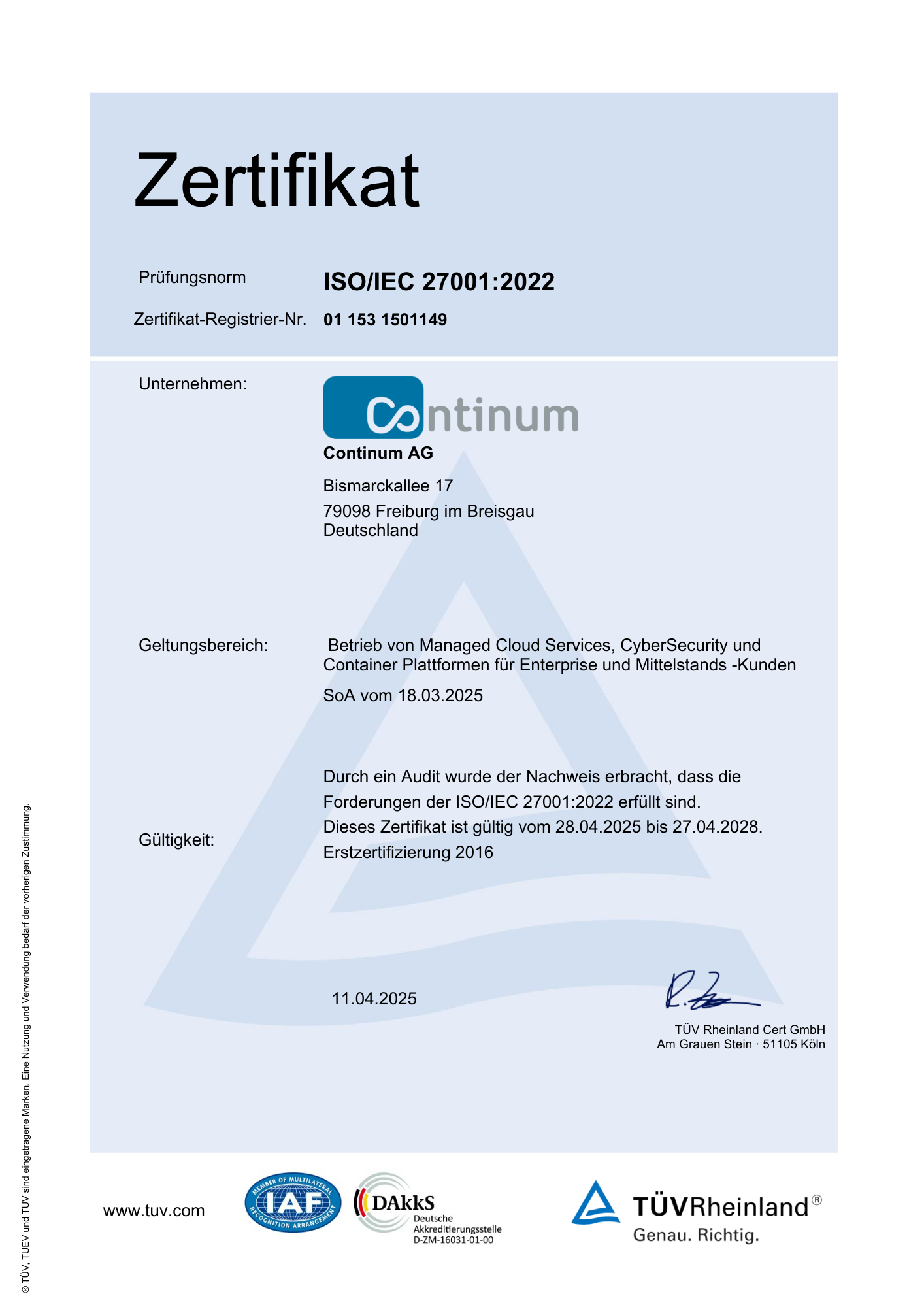 ISO 27001 Zertifikat der Continum AG